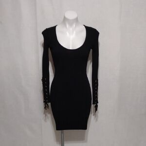 Hera Collection Black Ribbed Bodycon Mini Dress Lace Up Sleeve Acubi Gothcore M